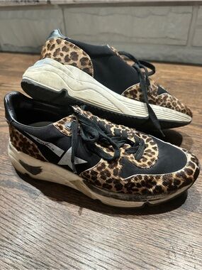 Golden Goose Run Leopard-Print Lace-Up Chunky Sneakers Black & Brown Pony Hair